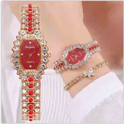 Fashion Simple Women Watches With Bracelet Set Quartz Wristwatch Shiny Stone Red Colour