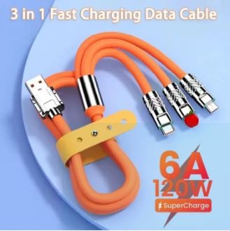 Zinc Alloy 3 In 1 120W 6A Super Fast Charging Cable Liquid Silicone Fast Charging Data Cable For Micro USB Type-C Iphone With Indication Light
